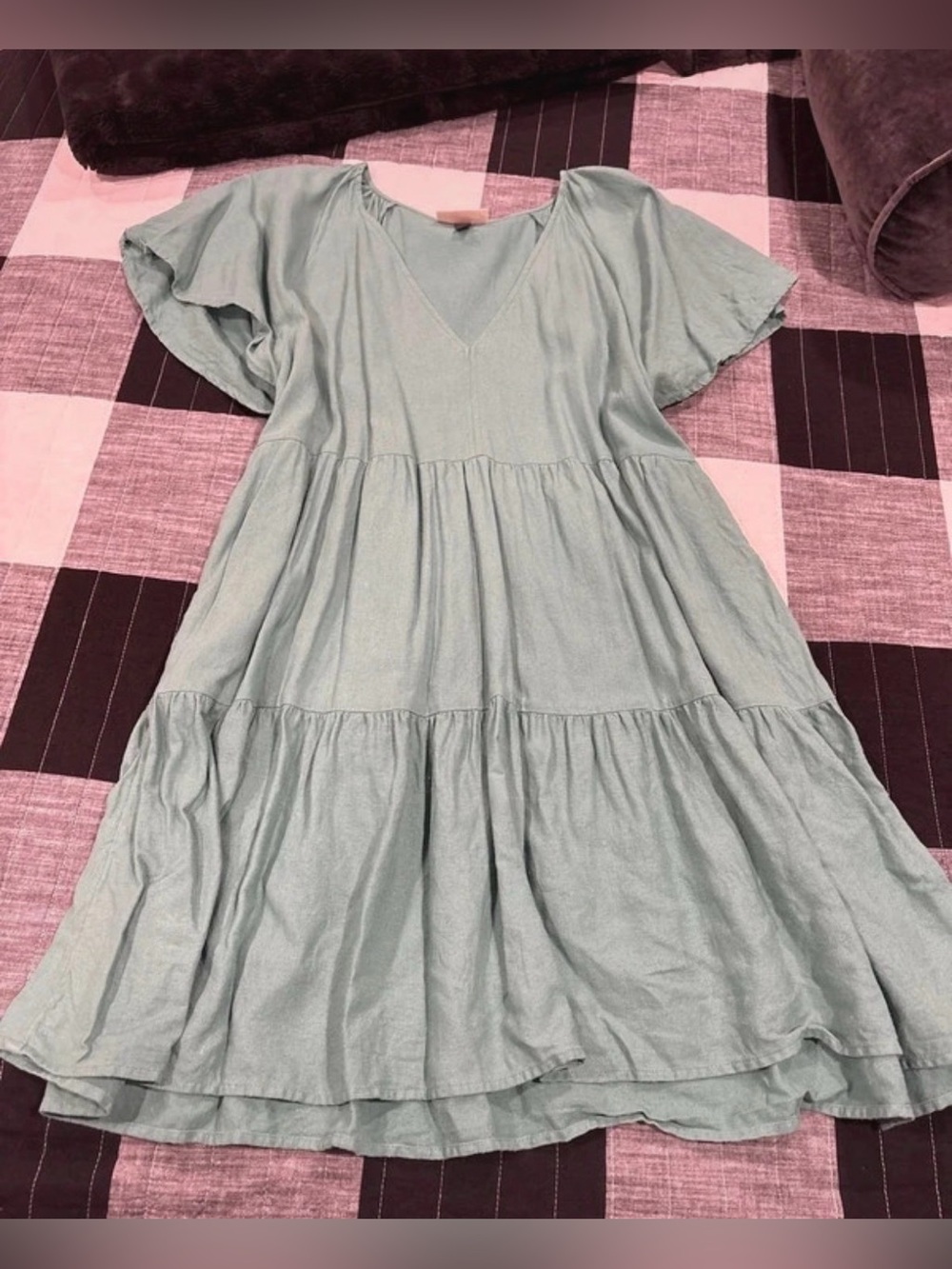 Light Sage V-Neck Tiered Women's Dress